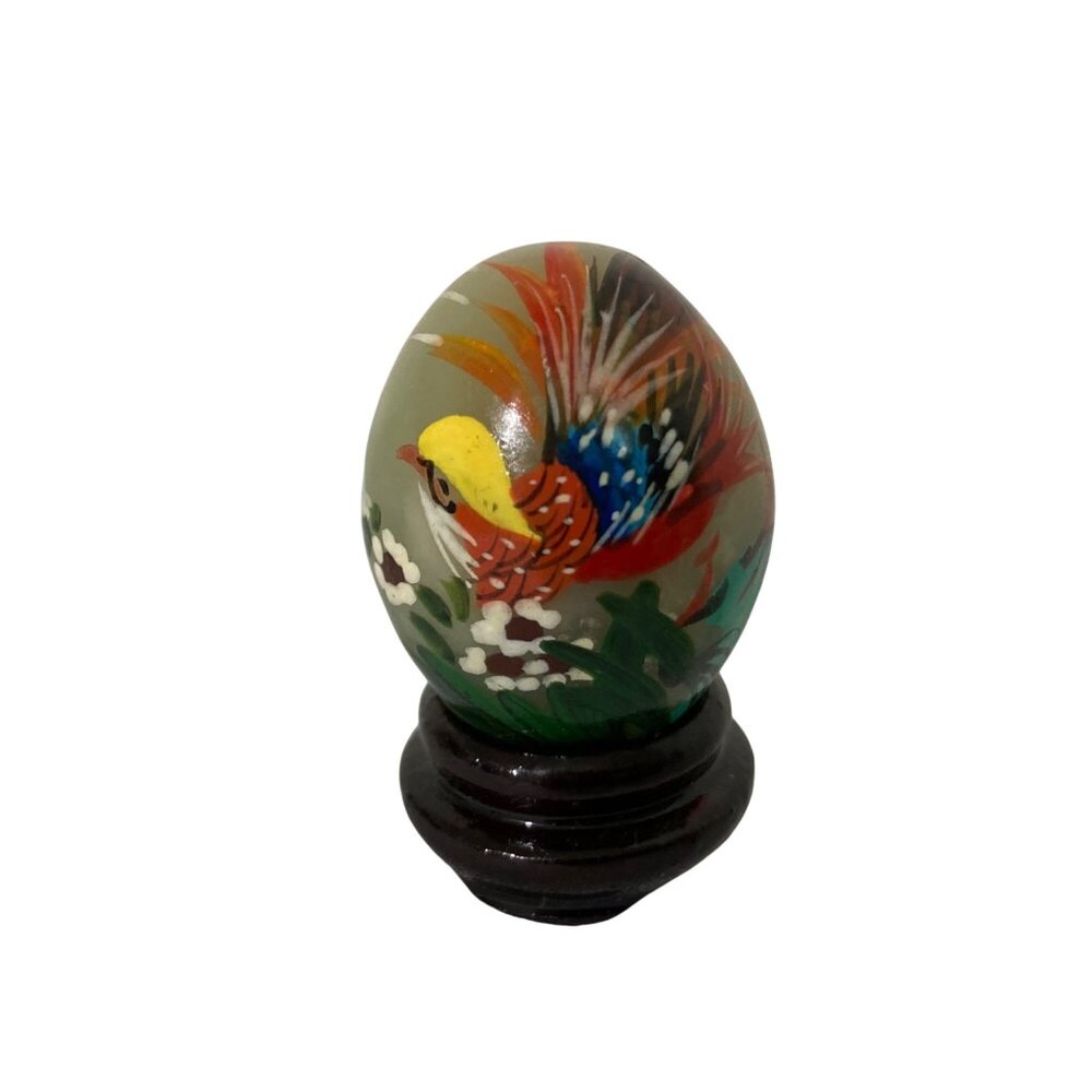 Hand Painted Bird On Green Jade Egg With Stand Bird
